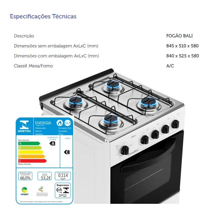 fogão bali 4Q esmaltec ficha técnica